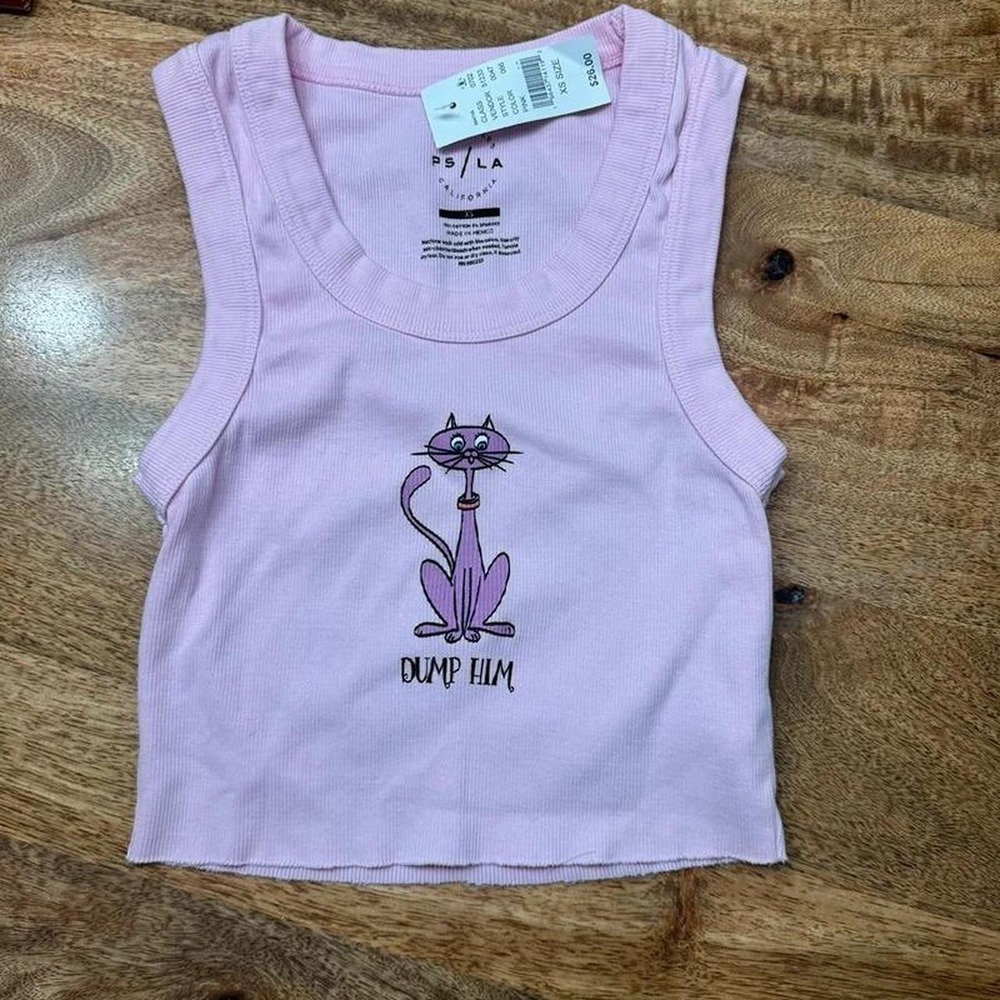 PS/LA Pink "Dump Him" Cat Graphic Cropped Tank Top NWT